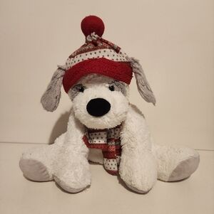 12” HugFun International White Dog wearing Beanie and scarf Stuffed Anim…